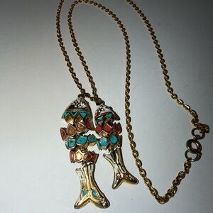 Vtg Articulated Gold-Tone & Enamel Two Fish Necklace